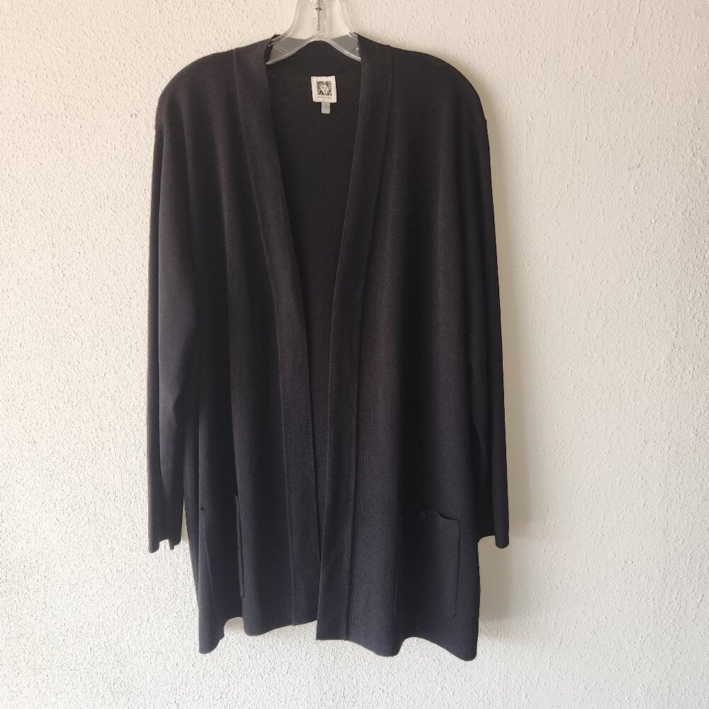 Anne Klein Fine Rib Open Front Black Cardigan Sweater, Plus Size 2X